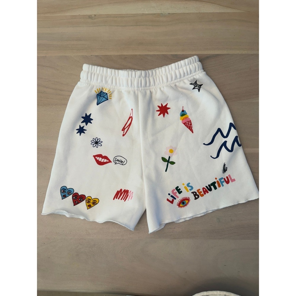 The Mayfair Group Life Is Beautiful Sweat Shorts White Doodle Print Women's S/M